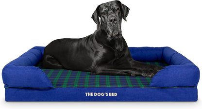 The Dog’S Bed Orthopedic Memory Foam Dog Bed with Bolsters for Large Dogs, High Density Support Mattress, Low Front Entry, Removable Washable Cover, Oxford Fabric, Blue with Dark Red Trim, Large30