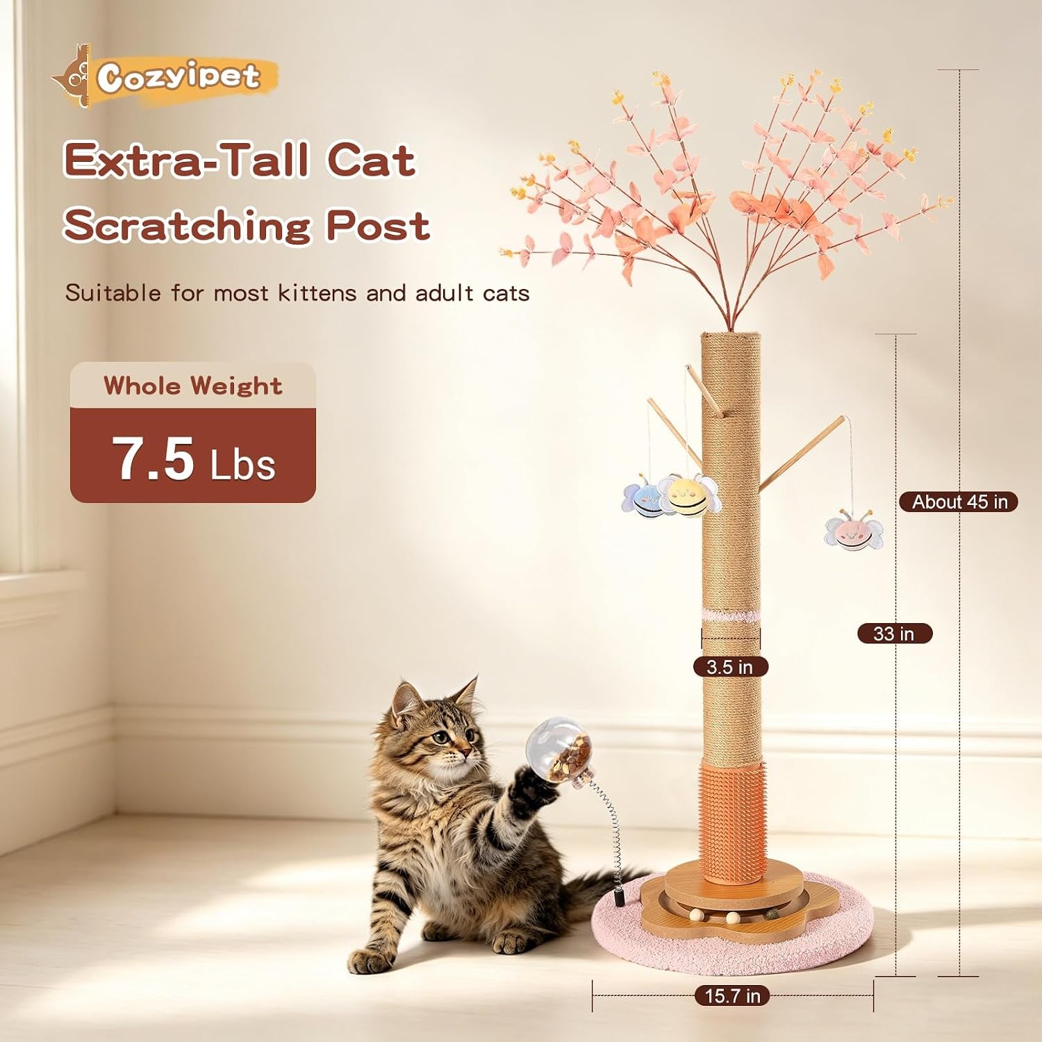 45-tall-cat-scratching-post-for-large-cats-adults-grooming-brush-track-ball-spring-feeder-3-bee-toys-sisal-rope-large-cat-scratcher-tree-with-leaves-for-indoor-cats-pink