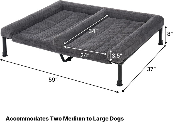 Veehoo Fluffy Plush Double Dog Couch Bed for Two Large Dogs, Washable Elevated Dog Beds with Removable Bolster Cushion, Cooling Raised Pet Cot with Breathable Mesh, No-Slip Feet, 59 X 37 Inches, Grey6