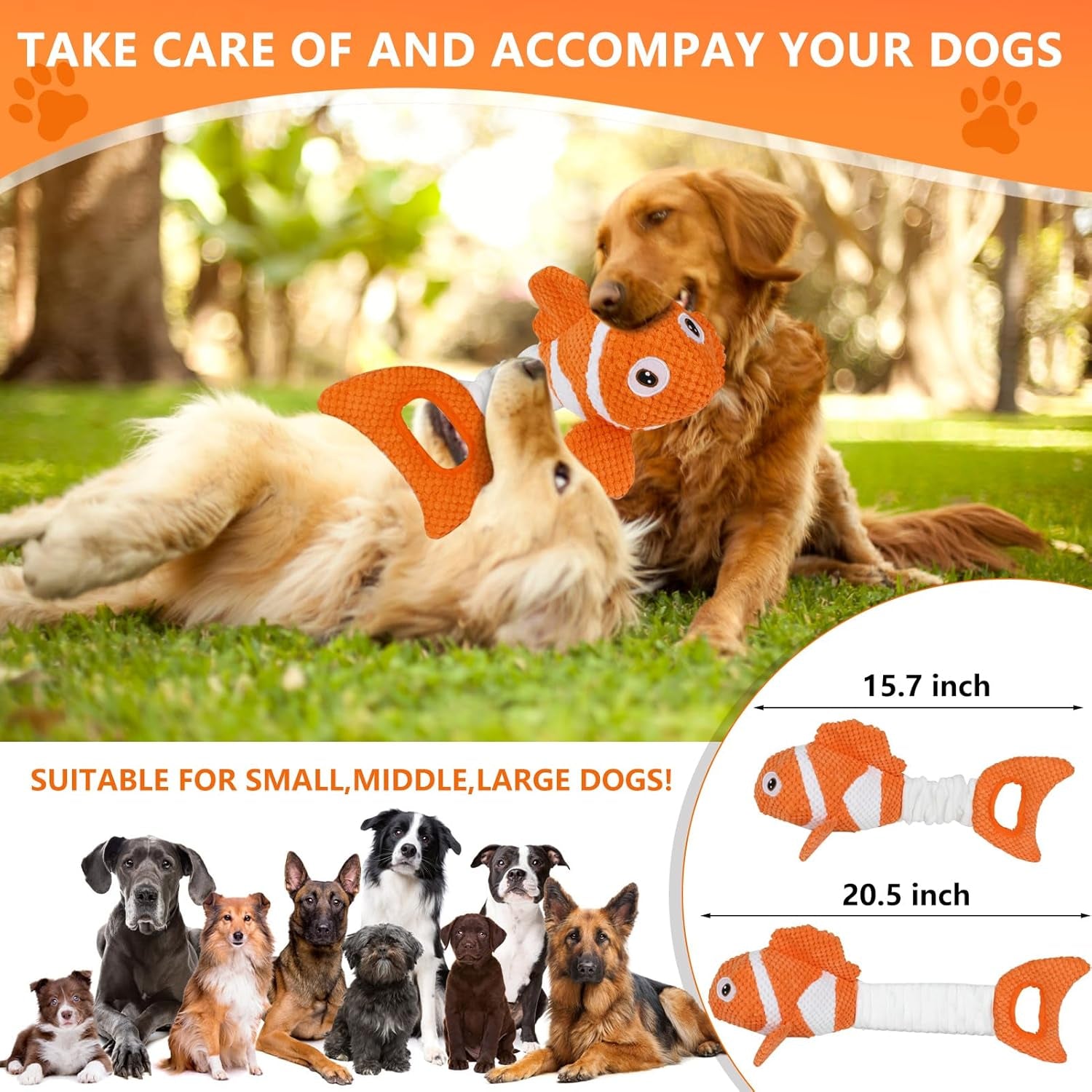 squeaky-clownfish-dog-toy-plush-crinkle-tug-toy-with-handle-pineapple-cotton-plush-with-squeaker-crinkle-paper-stretchable-body-and-tug-handle-for-interactive-indoor-or-outdoor-play