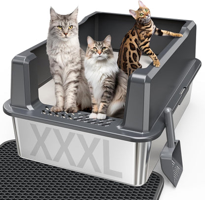Extra Large XXL Stainless Steel Cat Litter Box with Lid, 26" L X 18" W X 12" H Metal Litter Box with Hight Sides for Big Cats & Multiple Cats, Never Absorbs Odors, Anti-Urine Leakage, Easy Cleaning1