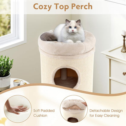 Tangkula 4 Story Cat Tree Condo, 49” Barrel-Shaped Cat House with Detachable Sisal Scratching Board, 3 Hideaways & Removable Soft Top Plush Bed, Interior Bamboo Mat, Modern Cat Tower for Indoor Cats6