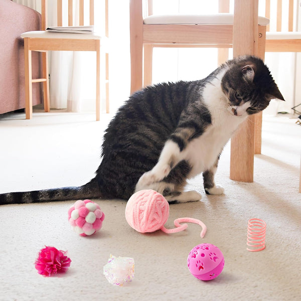 MALLMALL6 10Pcs Cat Toy Set Interactive Cat Toys Pack Including Feather Teaser Wand Cat Springs Mice Crinkle Balls and Pet Bell Balls, Puzzle Toys for Indoor Cats Gift (Pink)5