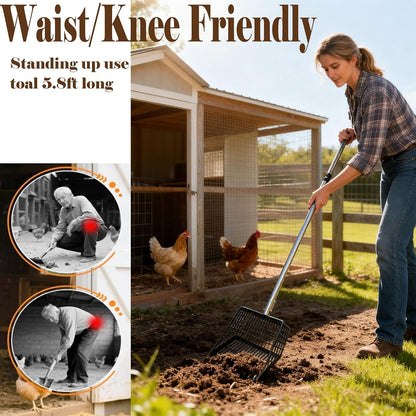 Chicken Poop Scooper & Rake 2-In-1, Adjustable 35"-65" Stainless Steel Handle, Heavy Duty Metal Black Shovel Head for Chicken Coop Cleaning, Pet Waste, Cat Litter Sifting2