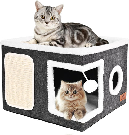Cat Beds for Indoor Cats, Large Cat Cave Bed with Scratch Pad and Fluffy Ball, Foldable Cat Hideaway, Cat House with Reversible Cushion for Multi Small Pet up to 30LBS, Grey8