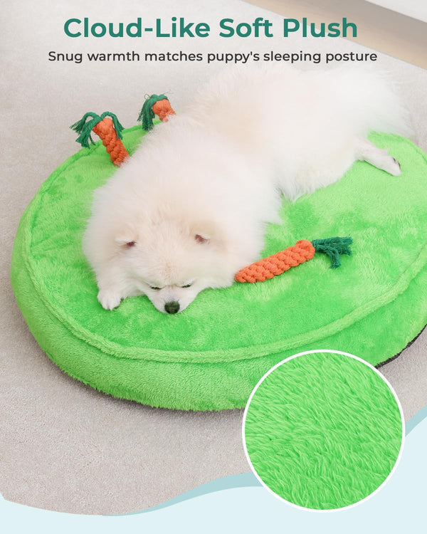 KSIIA Puppy Bed for Small Dogs, 28 Inch Washable Calming Plush round Dog Bed with Carrot Chew Toy, Orthopedic Support, Anti-Anxiety & Non-Slip Base for Puppies & Cats, Green3
