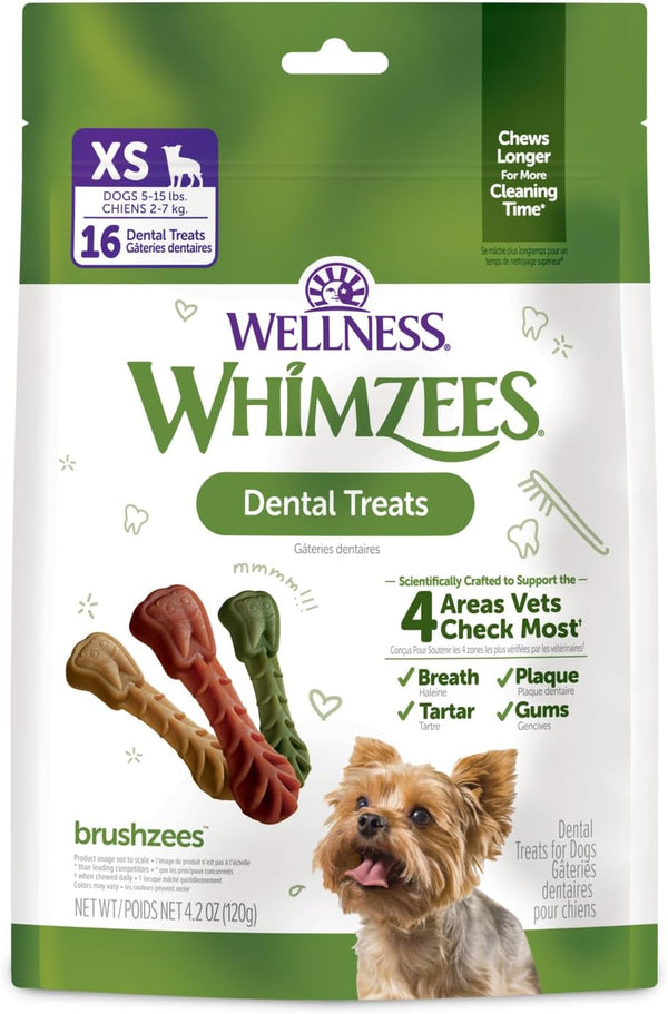 Whimzees Wellness Brushzees Natural Dog Dental Treat, VOHC Accepted Chews, Freshens Breath, Extra-Small Size, 12.7 Oz Bag, 48 Count10
