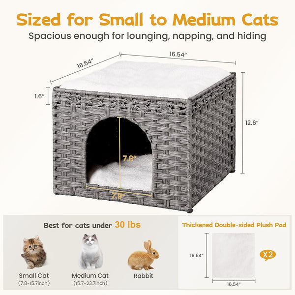 Snughome Handwoven Rattan Cat House - Indoor Foldable Cat Bed Cave with 2 Removable Bed Mats, Large Kitten House, Hideaway Pet Cube, 16.54 X 16.54 X 12.6 Inches, Grey, for Living Room & Bedroom4