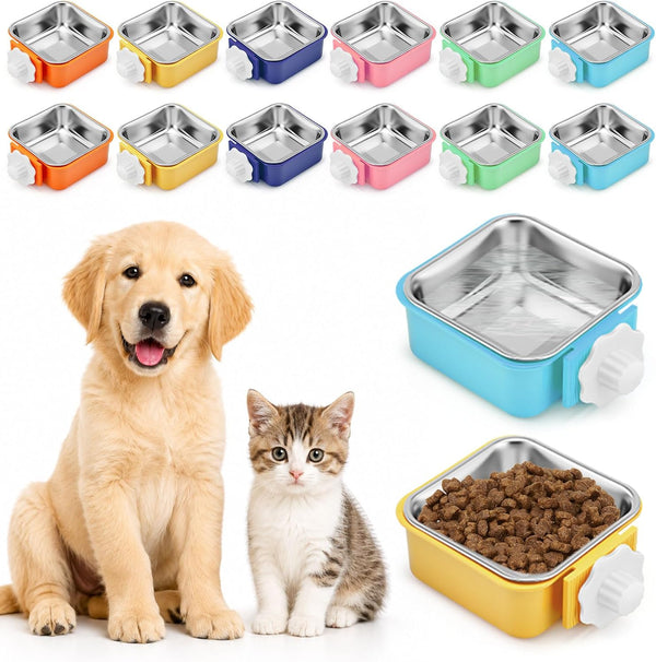 Lemonroad 12 Pcs Dog Crate Water Bowl Bulk No Spill Hanging for Kennel Removable Stainless Steel Puppy Food Water Feeding Bowls Cage Coop Cup for Dogs Cats Rabbits Birds Ferret(Square Bowl)1