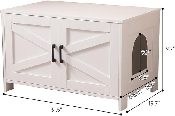 Cat Litter Box Enclosure with Barn Door Wooden Cat Washroom Furniture Litter Box Furniture Hidden End Side Table Pet House Multi Functional Double Cabinet Doors for Bedroom Living White2