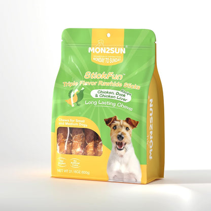 MON2SUN Dog Treats, 5 Inch Triple Flavor Wrapped Rawhide Sticks, 21.16 Oz | 30 Count Pack, Chicken Liver, Duck and Chicken Recipe, Long-Lasting Chew, Support Dental Health, for Small and Medium Dogs10