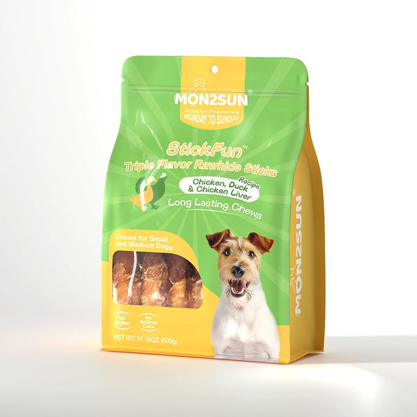MON2SUN Dog Treats, 5 Inch Triple Flavor Wrapped Rawhide Sticks, 21.16 Oz | 30 Count Pack, Chicken Liver, Duck and Chicken Recipe, Long-Lasting Chew, Support Dental Health, for Small and Medium Dogs10