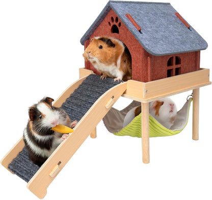BESNEW 3 in 1 Enlarged Guinea Pig Hammock,Wooden Guinea Pig Hideout with House & Platform & Stairs Small Animal Toys for Hiding Sleeping Activities13