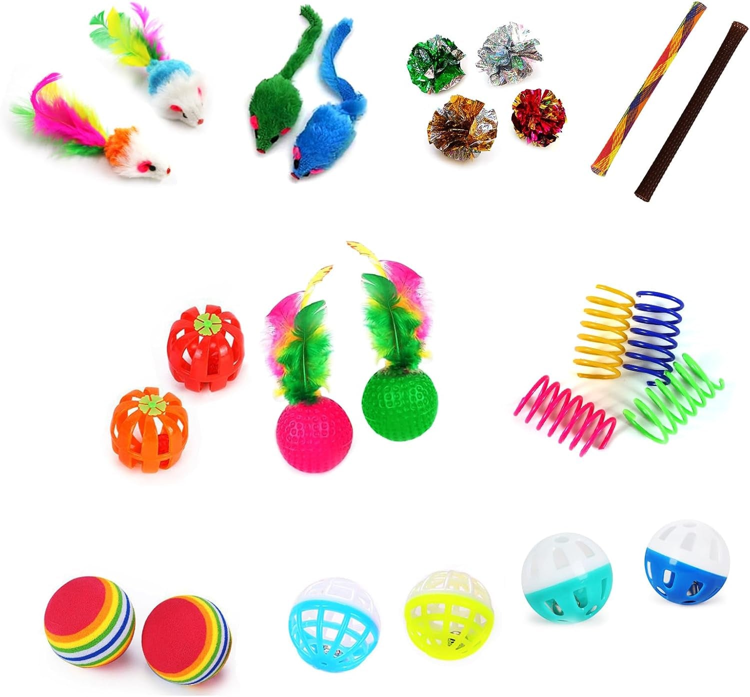 icagy-25-pcs-cat-toys-for-cats-indoor-kittens-interactive-variety-pack-45-inches-rainbow-cat-tunnel-feather-teaser-feather-golf-mice-springs-balls-noise-toys-rainbow-colorful-45