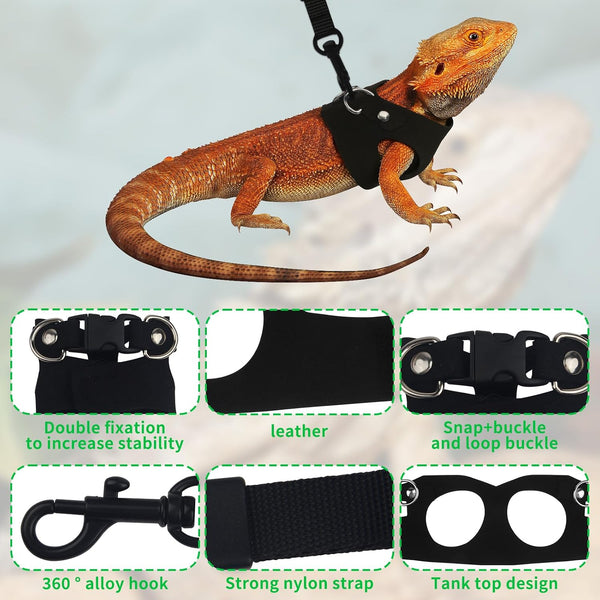 3Size Black Bearded Dragon Leash and Harness Set with Lizard Traction Rope | for Reptile, Lizard Leash/ Squirrel Harness/ Small Rabbit Traction Rope (S, M, L)3