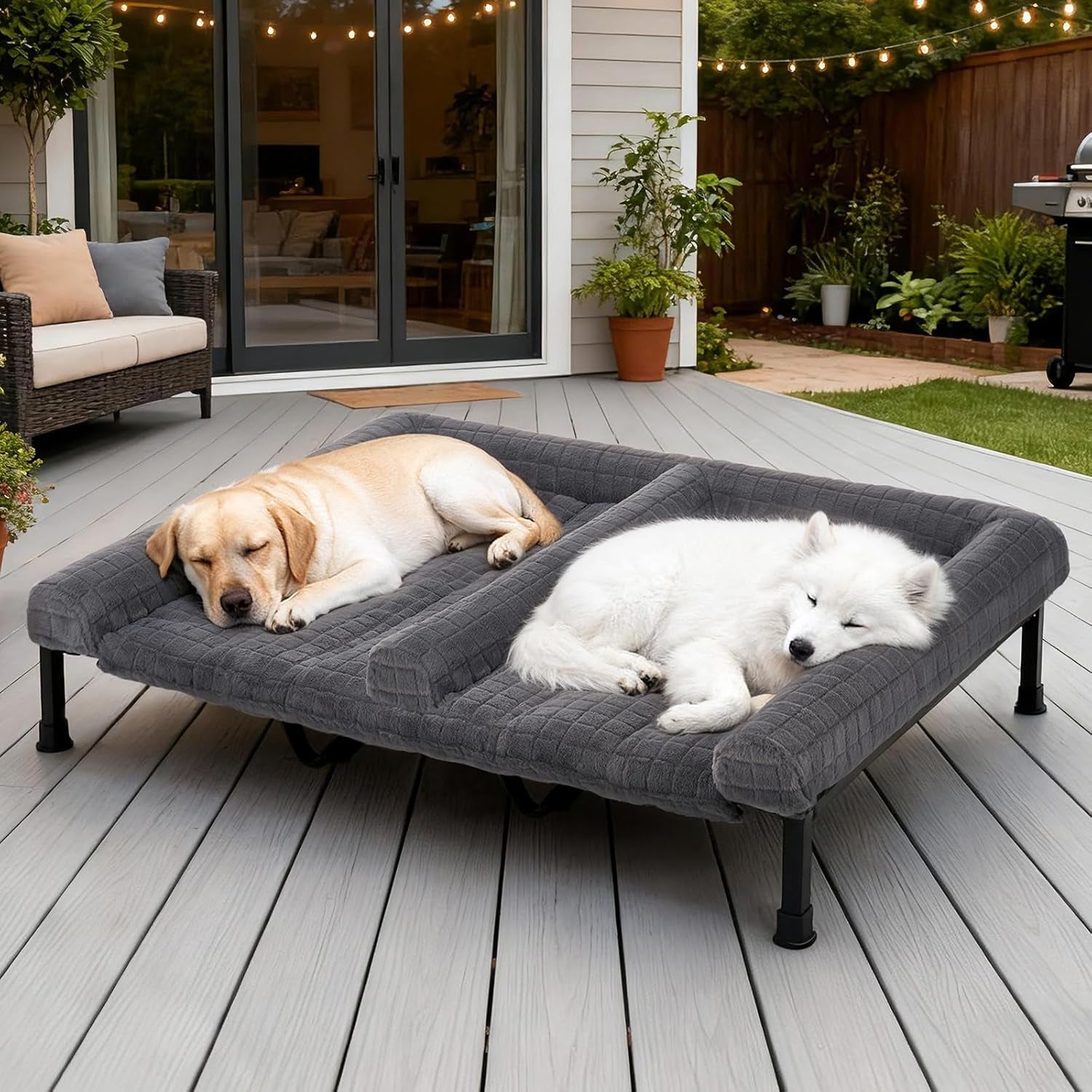 veehoo-fluffy-plush-double-dog-couch-bed-for-two-large-dogs-washable-elevated-dog-beds-with-removable-bolster-cushion-cooling-raised-pet-cot-with-breathable-mesh-no-slip-feet-59-x-37-inches-grey