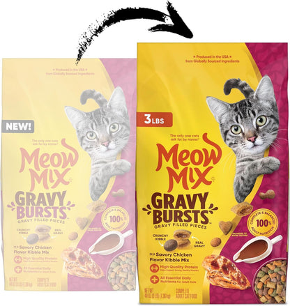 Meow Mix Gravy Bursts Dry Cat Food, 3 Lb Bag | Crunchy Cat Kibble, Gravy Filled Pieces, 100% Complete & Balanced Nutrition for Adult Cats, High Quality Protein2