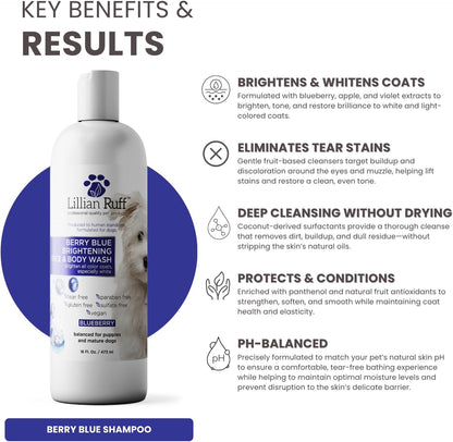 Lillian Ruff PRO Formula Berry Blue Brightening Pet Shampoo - Ultra-Hydrating Professional Whitening Dog Shampoo, Vivid Show-Quality Coat Enhancer, Tear Stain & Odor Eliminator with Provitamin B5 16Oz3