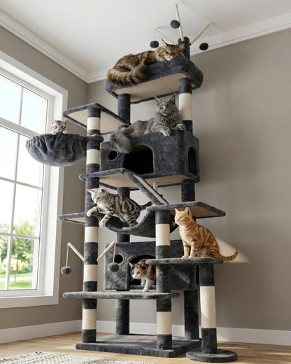 Hey-Brother Cat Tree Tower with Sturdy Supporting Posts, 2 Condos, MPJ082W- | 82.7 Inches Multi-Level Cat Tower with 5 Teaser Toys, Sisal Scratching Posts, Large Bed, Hammock for Indoor Cats, Light Gray10