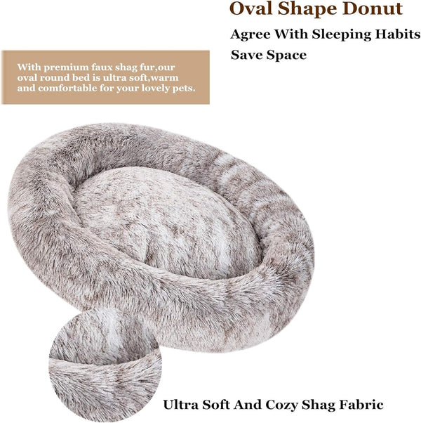 Coohom Oval Calming Donut Cuddler Dog Bed,Shag Faux Fur Cat Bed Washable round Pillow Pet Bed(30"/36"/43") for Medium Dogs (Xl(36"X27"X7"),Light Brown)2