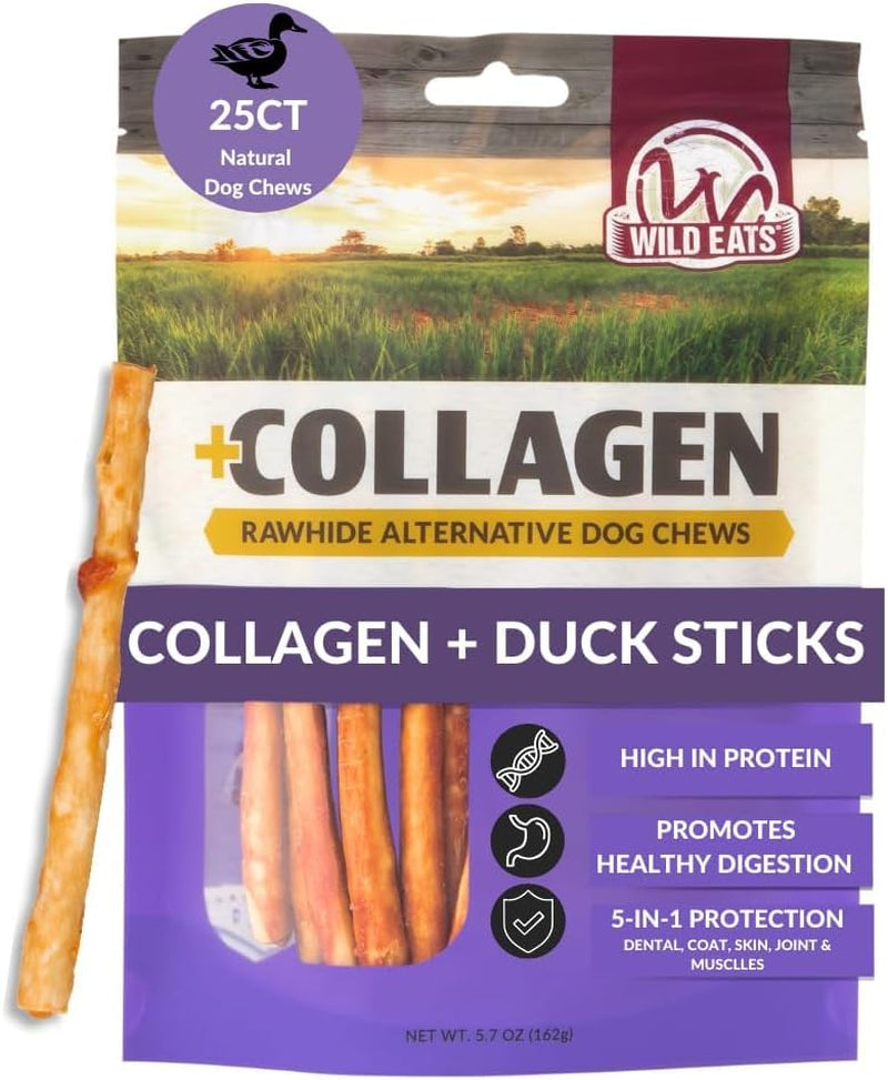 wild-eats-real-duck-collagen-bully-sticks-for-dogs-25-pack-rawhide-free-no-hide-chew-treat-made-without-grain-5-inch-size-high-protein-satisfies-natural-gnawing-urges-suits-all-breeds