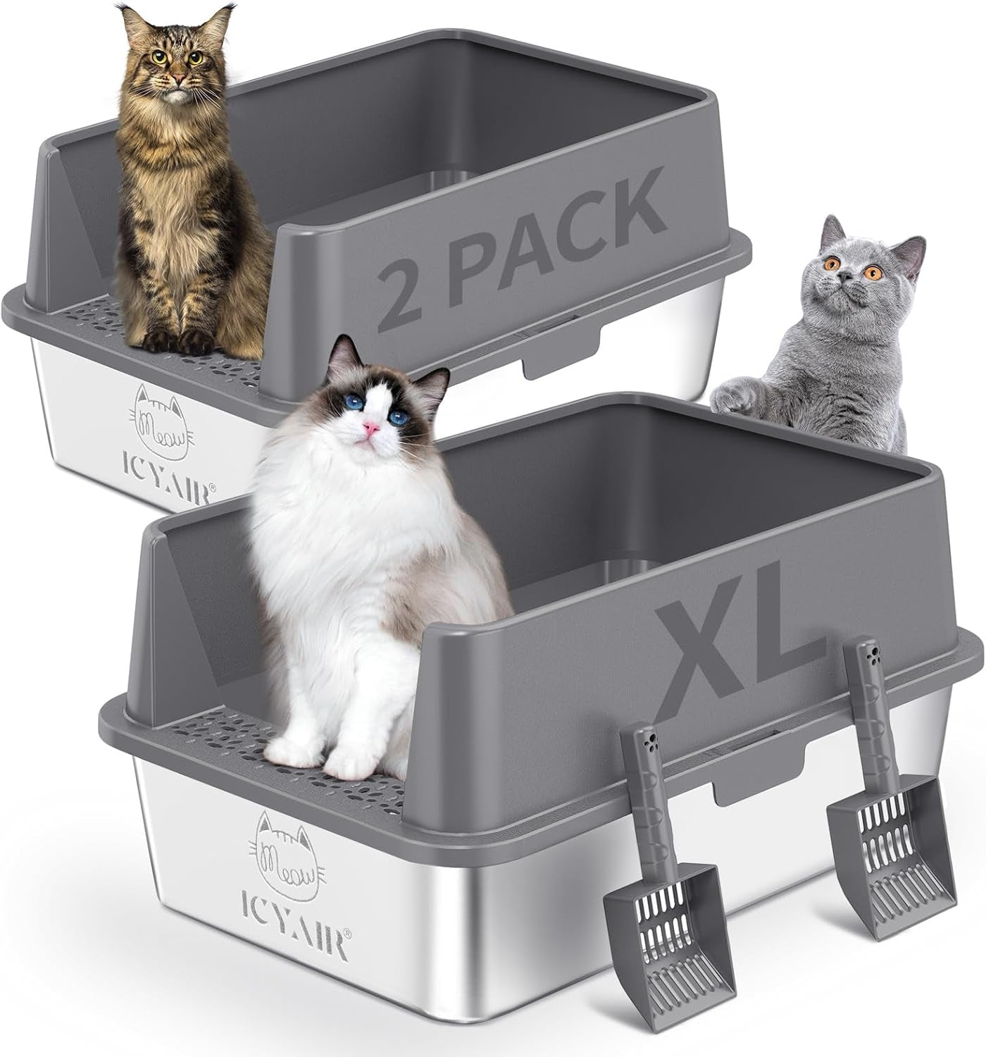 2pack-stainless-steel-cat-litter-box-with-high-sides-lid-extra-large-xl-litter-box-for-big-cats-metal-kitty-litter-boxes-with-anti-leakage-enclosure-non-stick-odorless-scoop-included