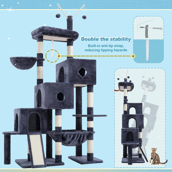 Hey-Brother Cat Tree Tower with 3 Condos, Step Climbing Pathway MPJ081G | 74.8 Inches Scratching Post with 3 House, Hammock, Large Basket, Cozy Bed, Sisal Board, Toys for Big Indoor Cats, Smoky Gray7