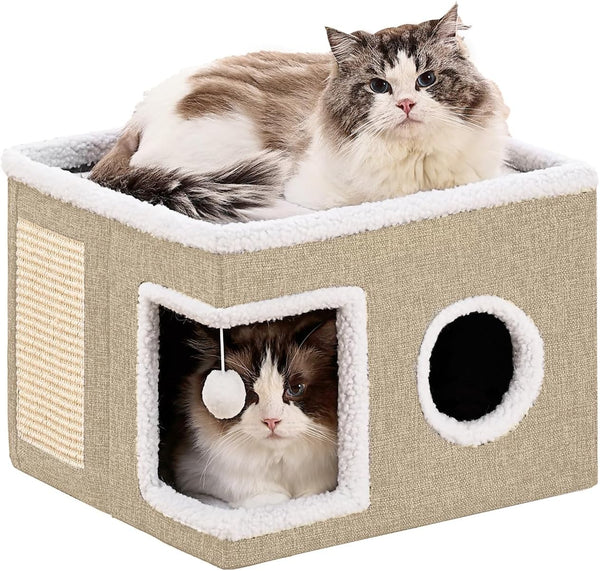 Large Cat Houses for Indoor Cats with Fluffy Ball and Scratch Pad | Foldable Cat Bed Cave for Multiple Pets, Kitten Bed for All Seasons, Non-Slip, Hold up to 30LBS, 16X16X13Inch, Grey8