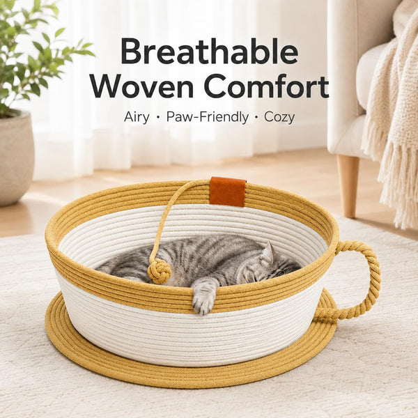 Trynellis Handwoven Cotton Rope Cat Basket Bed with Removable Scratching Pad, 2-In-1 Cat Scratcher Lounge (Large,Woven Rattan Cat Bed + Cushion)5