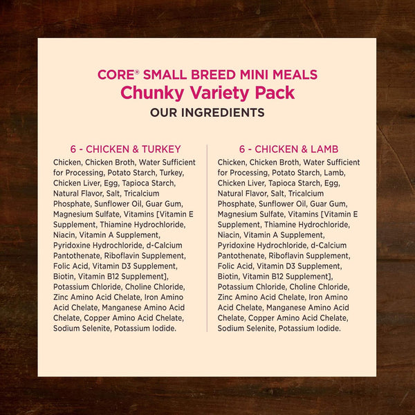 Wellness CORE Small Breed Mini Meals Shredded Variety Pack Adult Wet Dog Food, Grain Free, Natural, 3 Oz, Pack of 126