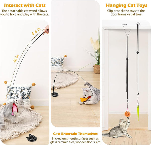 Cat Toys, 2 Pack 3 in 1 Interactive Cat Toy for Indoor Cats with Sticky Super Suction Cup Detachable 10 Pcs Replacements Feathers Balls Mice 2 Wand Hanging Door Kitten Toys2