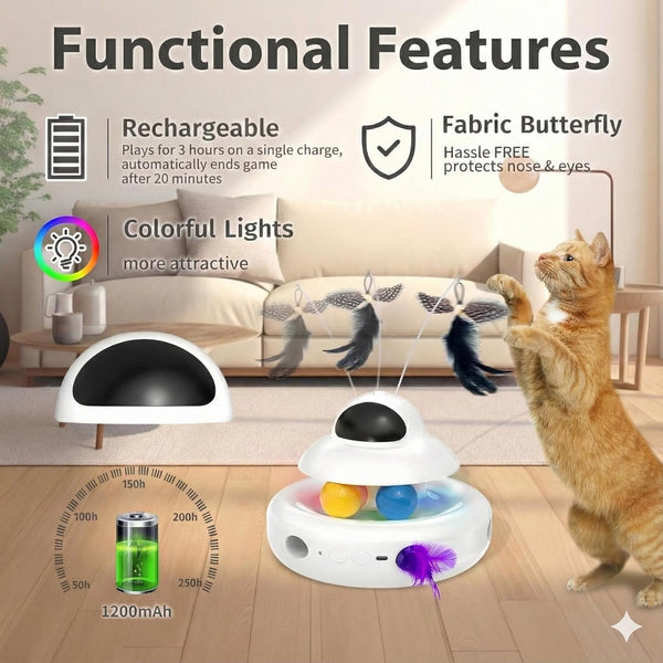 MOHAYA Cat Toys，4-In-1 Interactive Cat Toy for Indoor Cats with Laser, Fluttering Butterfly, Moving Feather and Track Balls - USB Rechargeable Self-Play Kitten Toy (White)6