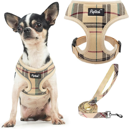 PUPTECK Soft Mesh Dog Harness Small Sized and Leash Set Pet Puppy Cat Comfort Padded Vest No Pull Harnesses, Beige, S35