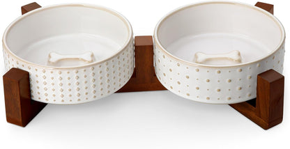 MALACASA Dog Bowl Set, Ceramic Bowls with Walnut Wood Stand, 1.5 Cups | Rhombic and Polka Dot Design, Non-Slip Base, for Cats and Dogs, about 26% Heavier than Similar Ceramic Bowls1