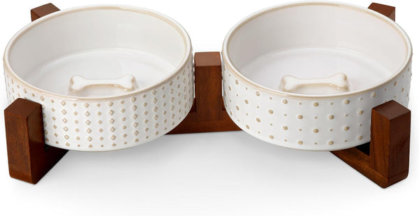 MALACASA Dog Bowl Set, Ceramic Bowls with Walnut Wood Stand, 1.5 Cups | Rhombic and Polka Dot Design, Non-Slip Base, for Cats and Dogs, about 26% Heavier than Similar Ceramic Bowls1