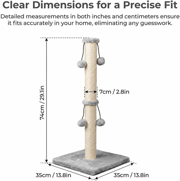 Dimaka 29'' Cat Scratching Post, Natural Sisal Rope Scratcher Post, Kitten Claw Scratch with 4 Danglingtoy Balls for Large Cats (Grey)2
