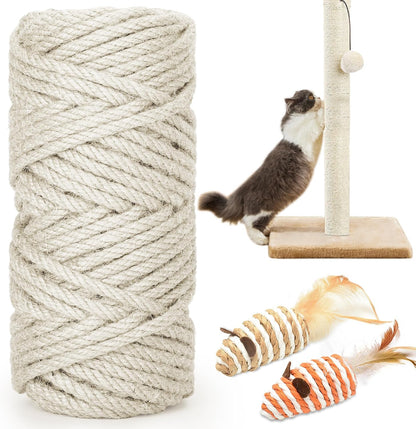 328FT 1/4 Inch Cat Scratching Sisal Rope for Cat Trees & Posts | Thick White Jute Rope with 2 Cat Mouse Toys for Scratch Posts, Cat Towers & DIY Projects8