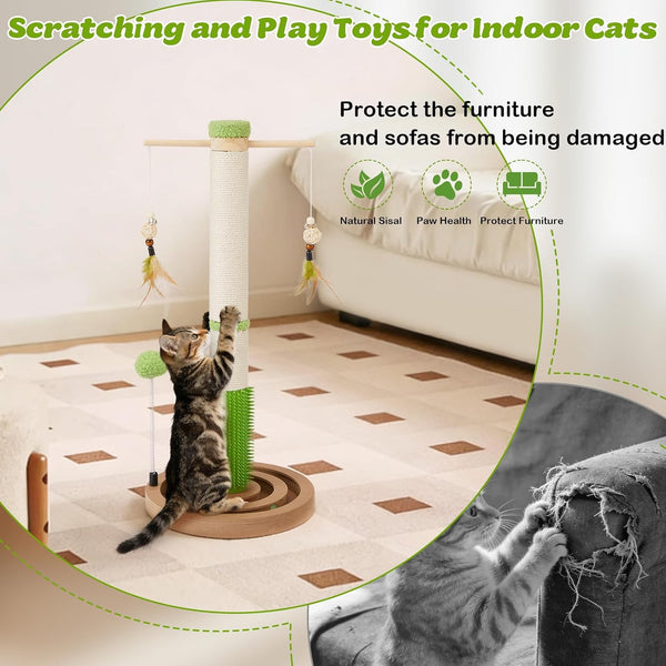 Cat Scratching Post, 26" Tall Scratch Post with Hanging Toy for Indoor Cats | Sisal Cat Scratcher Post with Grooming Brush, Double-Layer Interactive Wooden Ball Track, for Small Cats and Kittens Play7