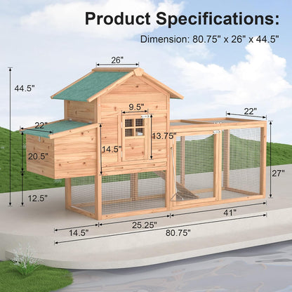Outdoor Chicken Coop for 2-4 Chickens Wooden Hen House with Nesting Box | 80" Poultry Pet Hutch Backyard Run Cage W/ Waterproof Asphalt Roof, Ramp, Perch and Wire Fence6