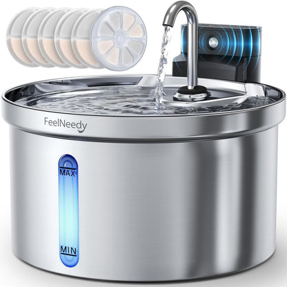 Wireless Cat Water Fountain [Water & Battery Separation] FEELNEEDY Stainless Steel Automatic Pet Water Dispenser, 4000Mah Battery Operated Water Fountains for Cats Dogs - 3.5L/118Oz10