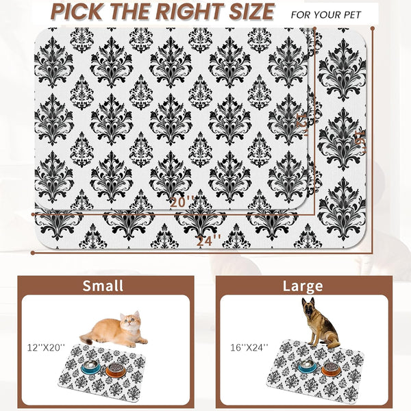 Vintage Damask Flower Dog Cat Food Mat,White Black Floral Absorbent Pet Feeding Mat for Food and Water,Non-Slip Dog Bowl Mats Floor Protector 12"X20"2