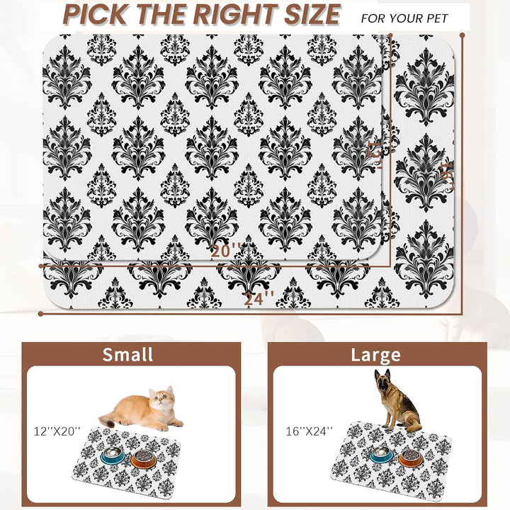 Vintage Damask Flower Dog Cat Food Mat,White Black Floral Absorbent Pet Feeding Mat for Food and Water,Non-Slip Dog Bowl Mats Floor Protector 12"X20"+2