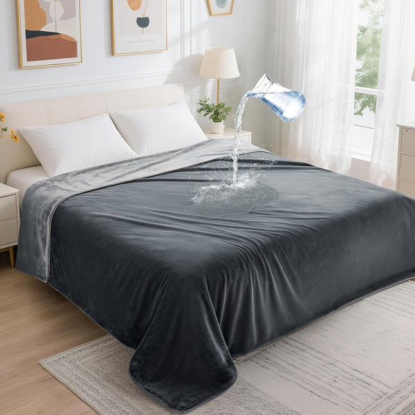 LOOBANI Waterproof Blanket for Bed, Soft Flannel Twin Bed Blanket 60" X 80" | Dog Pet Blankets for Large Dogs, Reversible Spill-Proof Throw for Couch Cover, Movie Time, Camping, Travel, Noise Free, Grey1