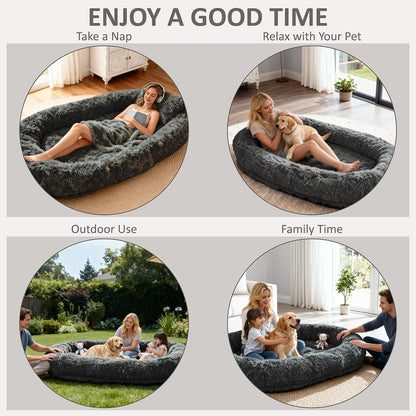 71" Human Dog Bed for Adult, Giant Orthopedic Memory Foam Dog Sofa Bed, Large Oversize Washable Faux Fur Pet Couch with Plump Pillow, Blanket, Strap - Dark Grey7