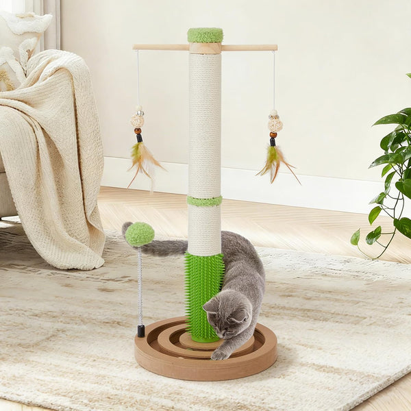 Cat Scratching Post, 26" Tall Scratch Post with Hanging Toy for Indoor Cats | Sisal Cat Scratcher Post with Grooming Brush, Double-Layer Interactive Wooden Ball Track, for Small Cats and Kittens Play11