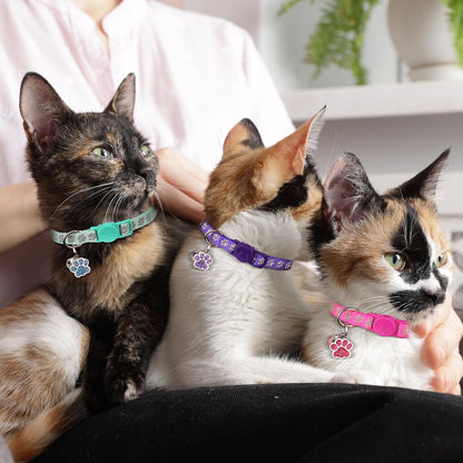 4PCS Breakaway Cat Collars,Reflective Cat Collar with Bells,Kitten Collars for Boy&Girl Cats Breakaway Collar for Cats with Paw Pendant 6-9 Inch(Purple+Hotpink+Red+Teal)6
