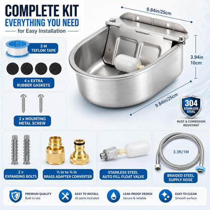 FHTONGE 304 Stainless Steel Automatic Dog Water Bowl Dispenser with Outfall | Float Valves Auto Fill, Wall-Mounted Dog Waterer for Outdoor Big Dog Livestock Poultry Horse Cow Goat Pig Chicken Duck Rabbit7