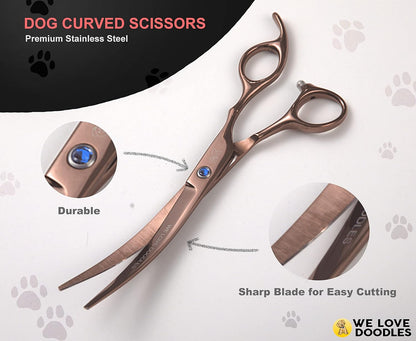Dog Grooming Scissors Kit, 4 Pieces, Curved, Straight & Thinning Shears Set | Professional Dog Grooming Shears for at Home Doodle & Poodle Hair, Pet Face & Paw Scissors for Goldendoodle, Stainless Steel5