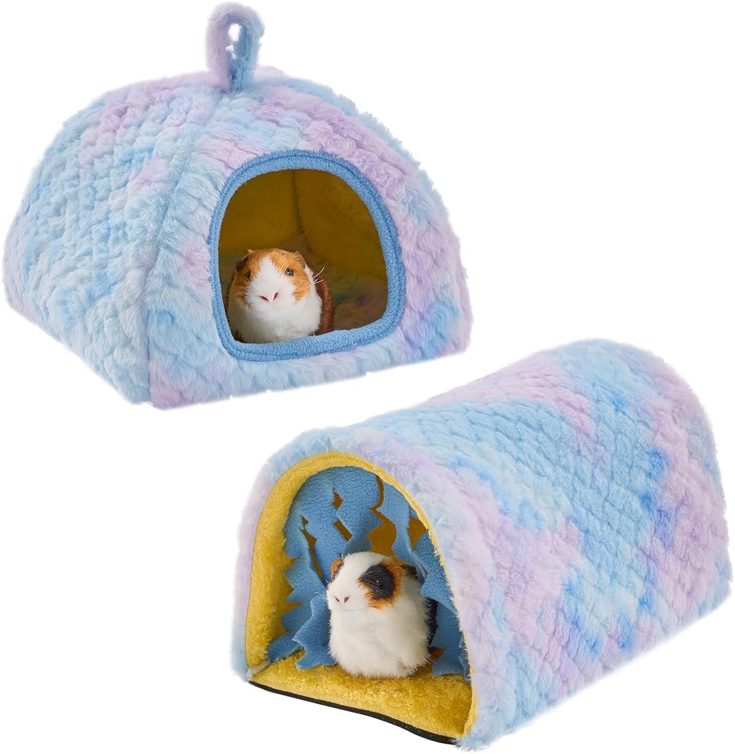 avont-2-pack-guinea-pig-tunnel-hideout-bed-set-washable-hideout-tunnel-set-breathable-fleece-dual-entrances-removable-pad-blue-or-yellow