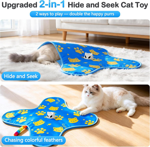 Interactive Cat Toys for Indoor Cats, Rechargeable Hide & Seek Toy | Touch Activated, 3 Speed Modes, Realistic Bird Chirps, 10-Min Auto Shutoff, Hidden Feather Wand for Bored Adult Cats, Blue2